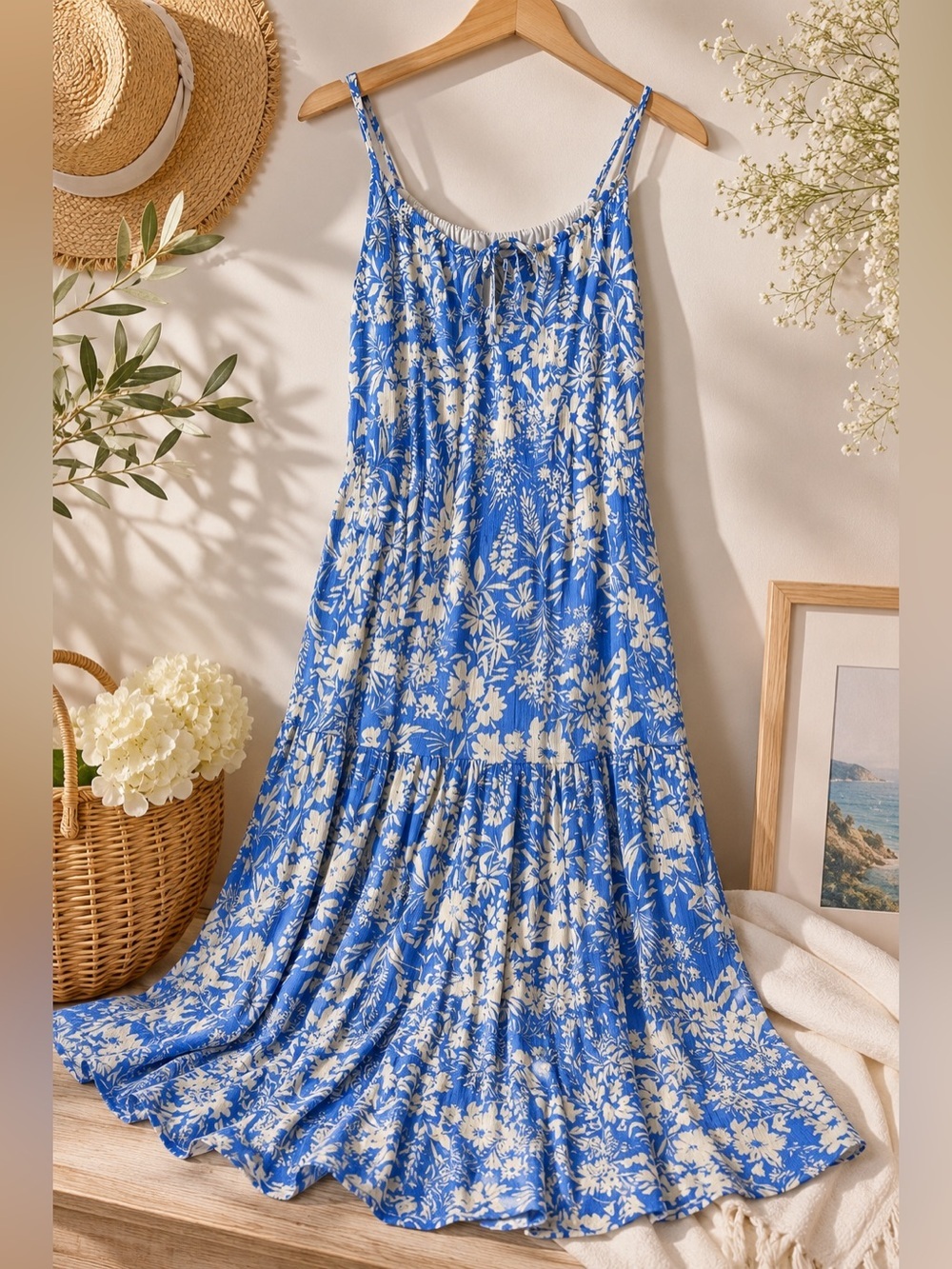 Blue & White Floral Tiered Midi Dress | Cottagecore Boho Sundress | Adjustable - Picture 3 of 9